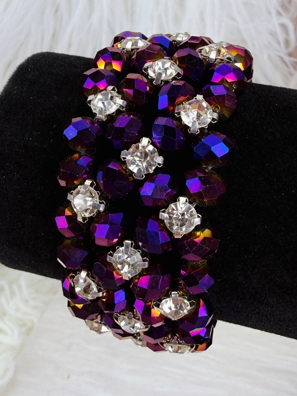 Vibrant Purple Reflective Bling Beaded Stretch Wide Bracelet With Clear Accents
